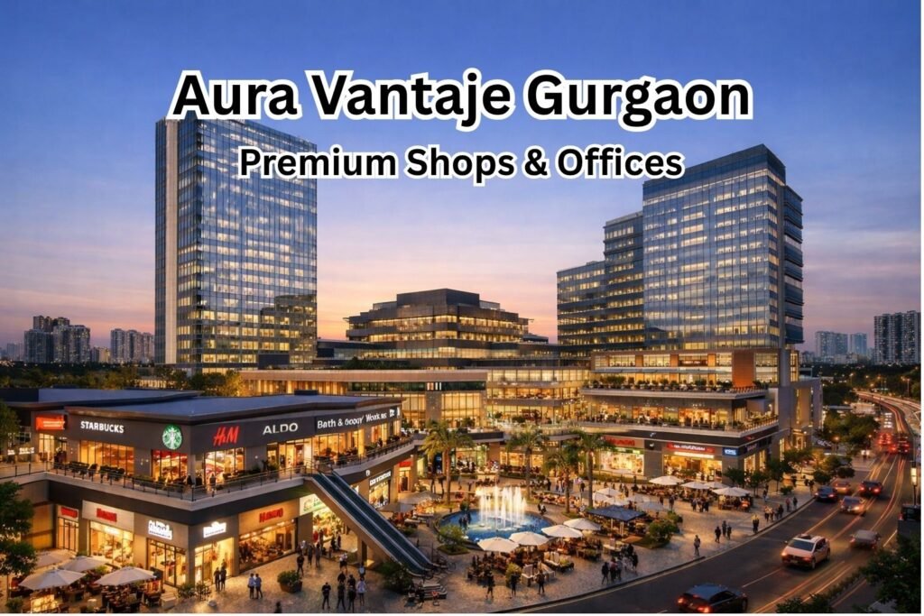 Aura Vantaje Gurgaon Sector 48 high street retail shops and modern office complex at sunset