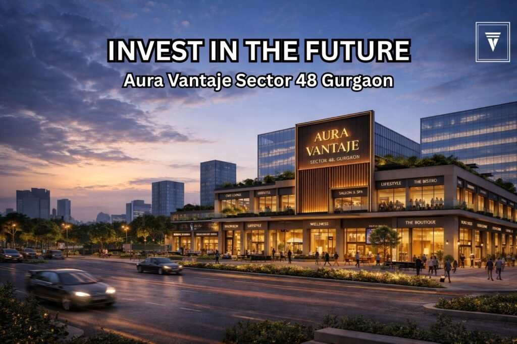 Aura Vantaje commercial complex in Sector 48 Gurgaon with modern retail shops and office spaces during evening