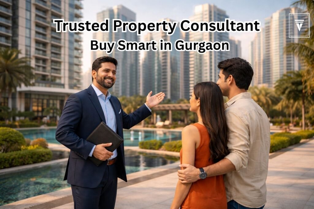 Professional property consultant in Gurgaon guiding a couple for real estate investment in 2026