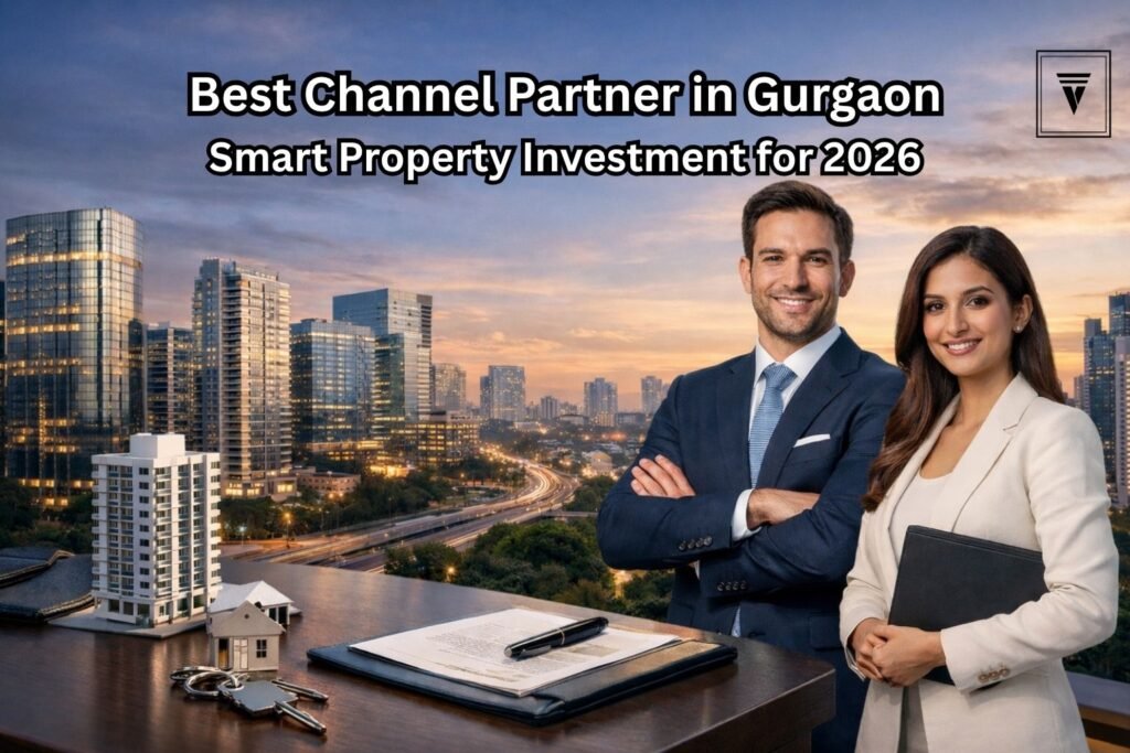 Professional real estate consultants with Gurgaon skyline representing trusted channel partner for property investment in 2026