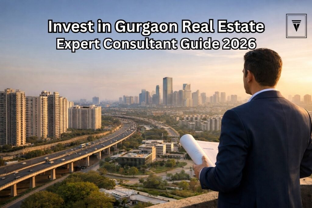 Professional property consultant overlooking Gurgaon skyline with modern buildings and highways, representing real estate investment guidance in 2026