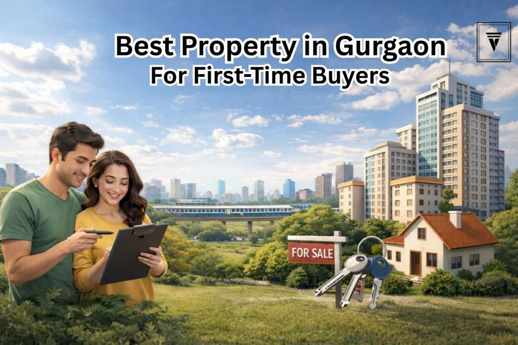 First-time homebuyer couple checking property with house and for sale sign in Gurgaon