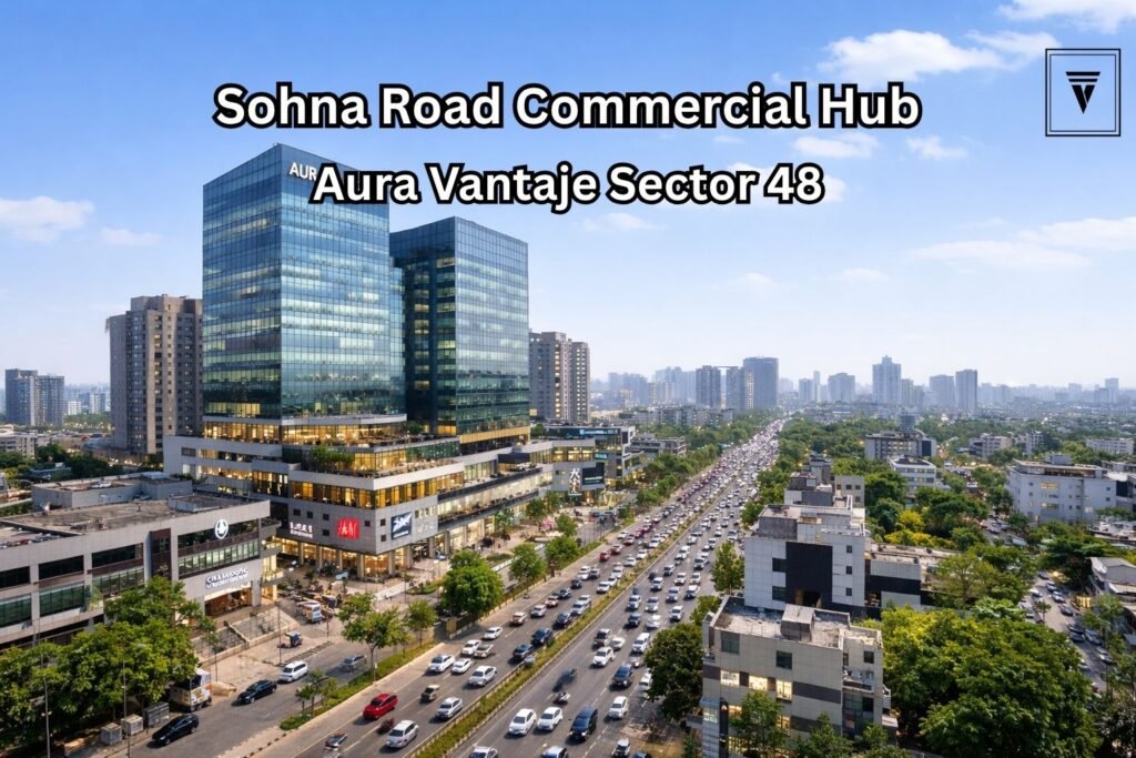 Modern commercial buildings of Aura Vantaje Sector 48 on Sohna Road Gurgaon during daytime with busy traffic and city skyline