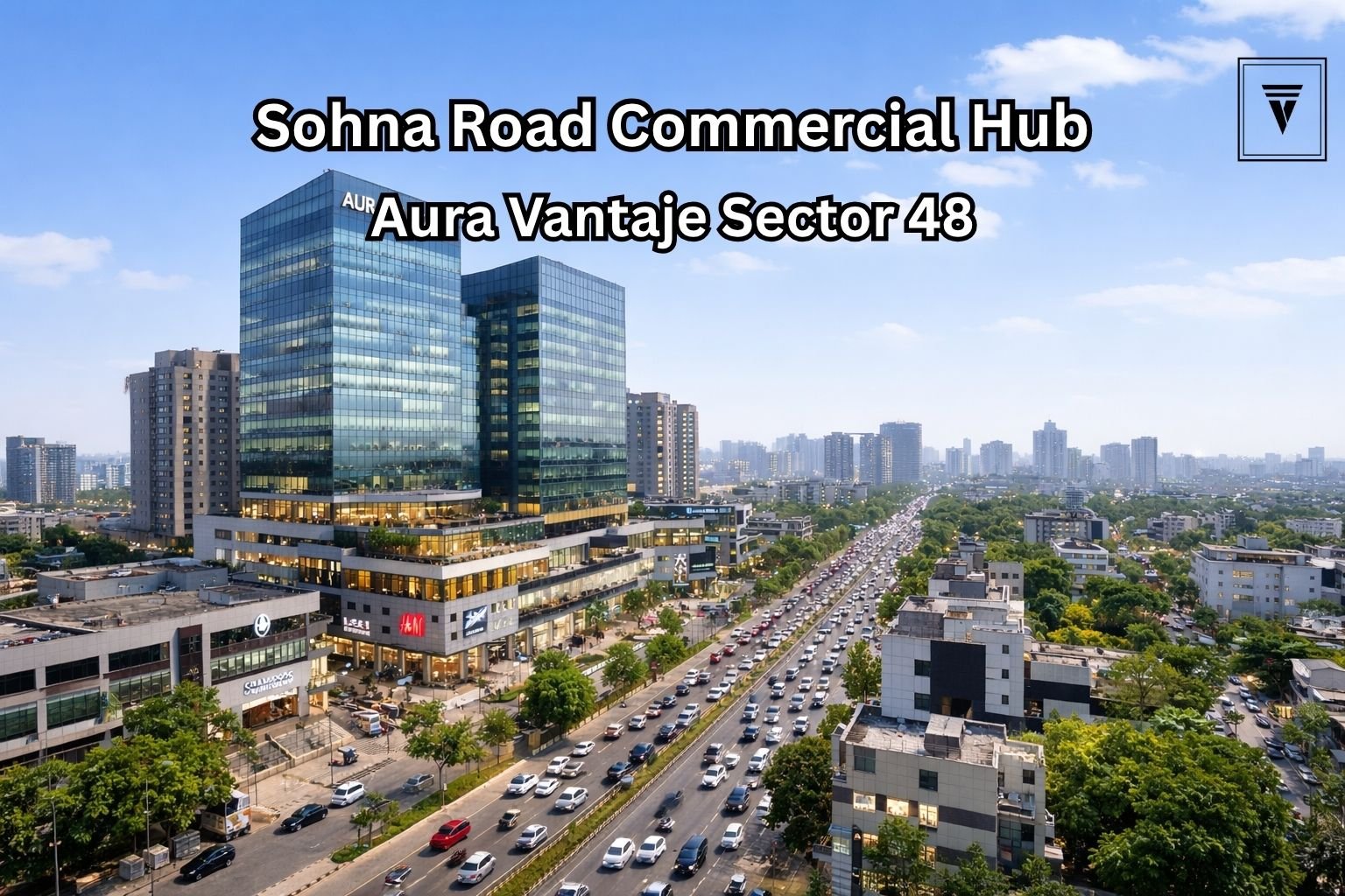 Modern commercial buildings of Aura Vantaje Sector 48 on Sohna Road Gurgaon during daytime with busy traffic and city skyline