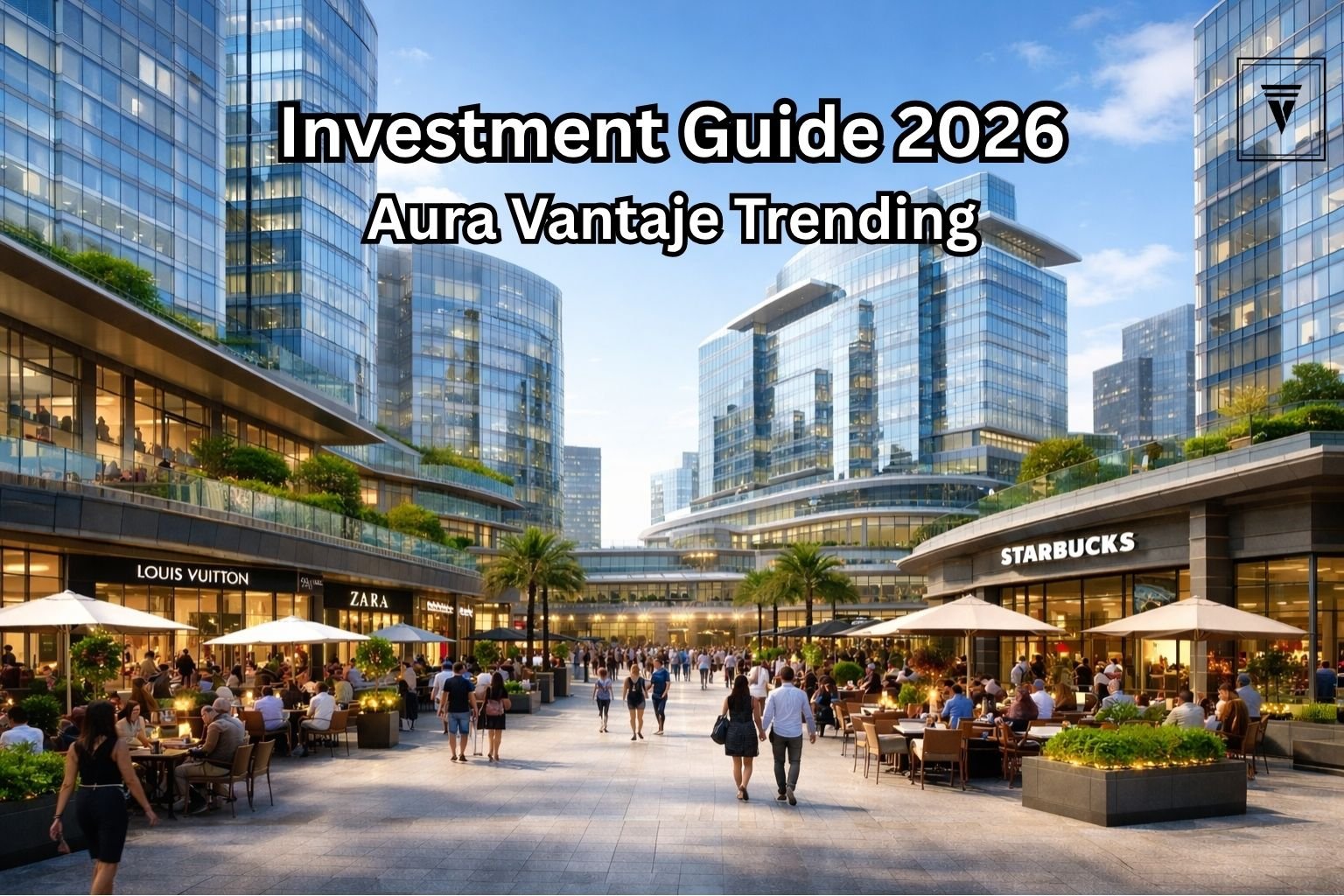 Modern commercial complex in Gurgaon featuring Aura Vantaje with retail shops, cafes, and premiu