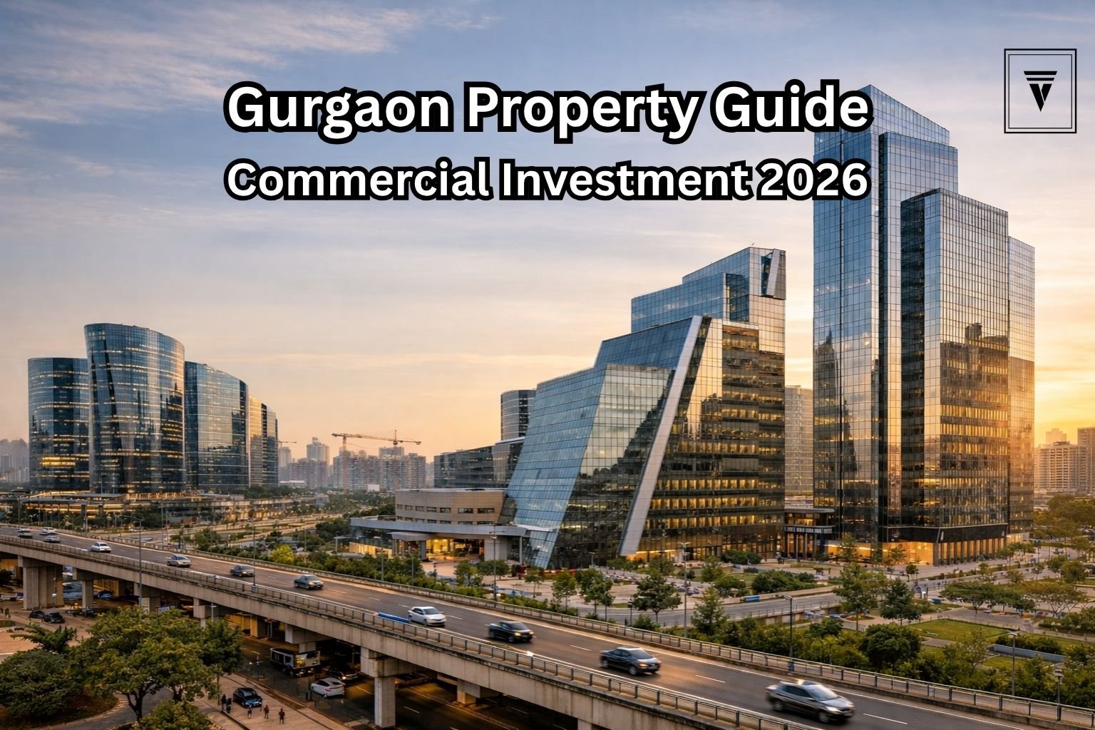 Modern commercial buildings and corporate offices in Gurgaon with highway view at sunset
