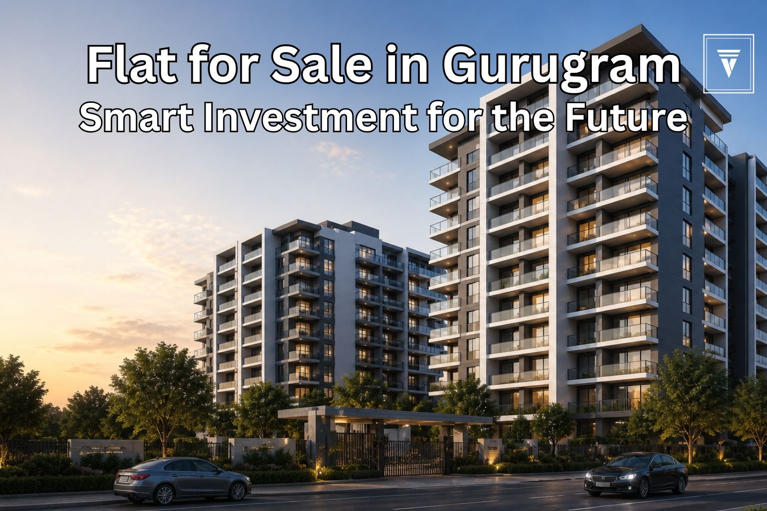 Modern luxury apartment building in Gurugram for sale with Vintage Vista branding, showcasing premium residential flats.