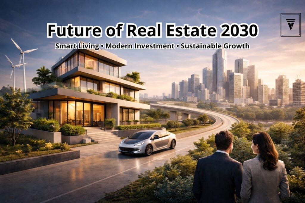 Modern luxury home with futuristic city skyline representing the future of real estate and smart living by 2030