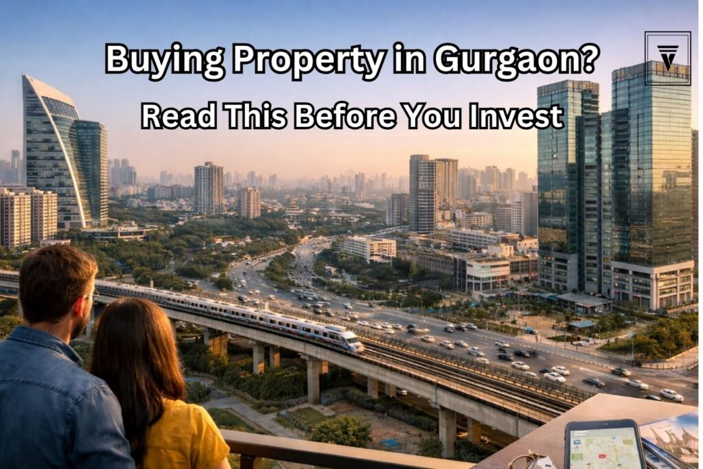 Modern Gurgaon skyline with metro, highways, and couple viewing city, representing property investment and real estate buying guide