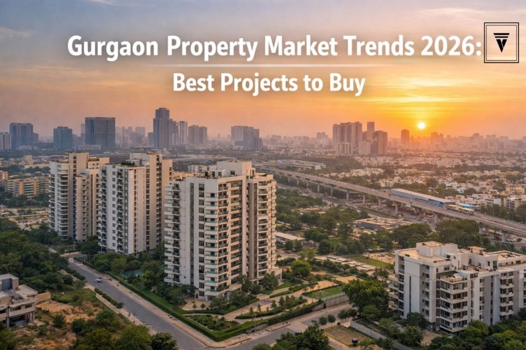 Modern skyline of Gurgaon with residential apartments and metro line during sunset