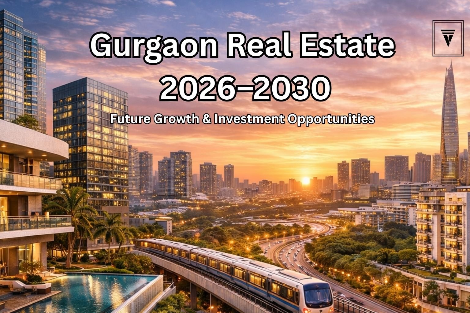 Gurgaon real estate skyline with metro and luxury apartments showing future growth 2026–2030