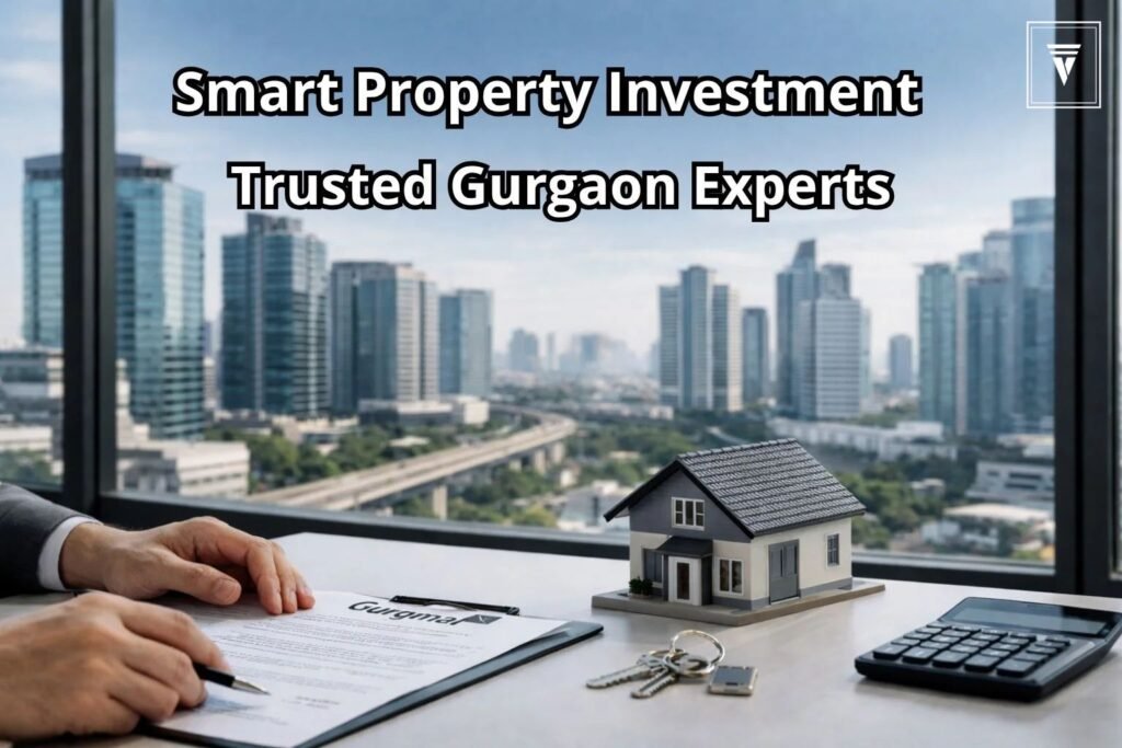 Modern real estate consultancy office in Gurgaon with property documents, house model, and city skyline view