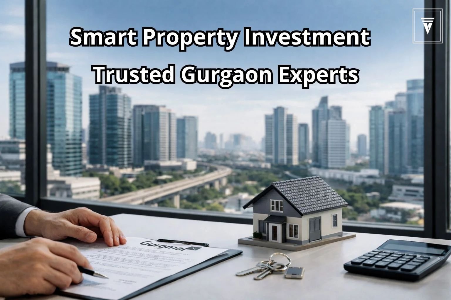 Modern real estate consultancy office in Gurgaon with property documents, house model, and city skyline view