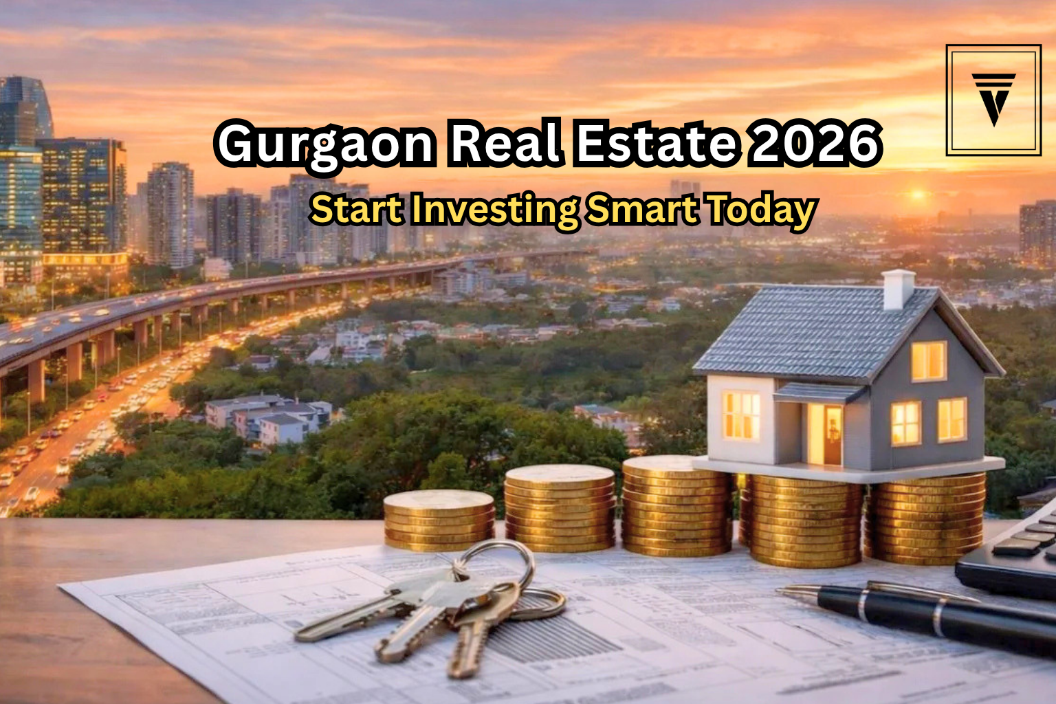 Modern Gurgaon skyline with residential model house, coins, and property documents representing real estate investment opportunities in 2026