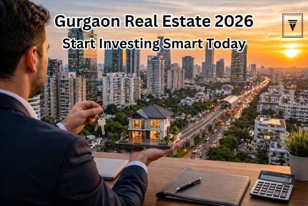 Modern cityscape of Gurgaon with a professional holding house model and keys, representing real estate investment opportunities in 2026