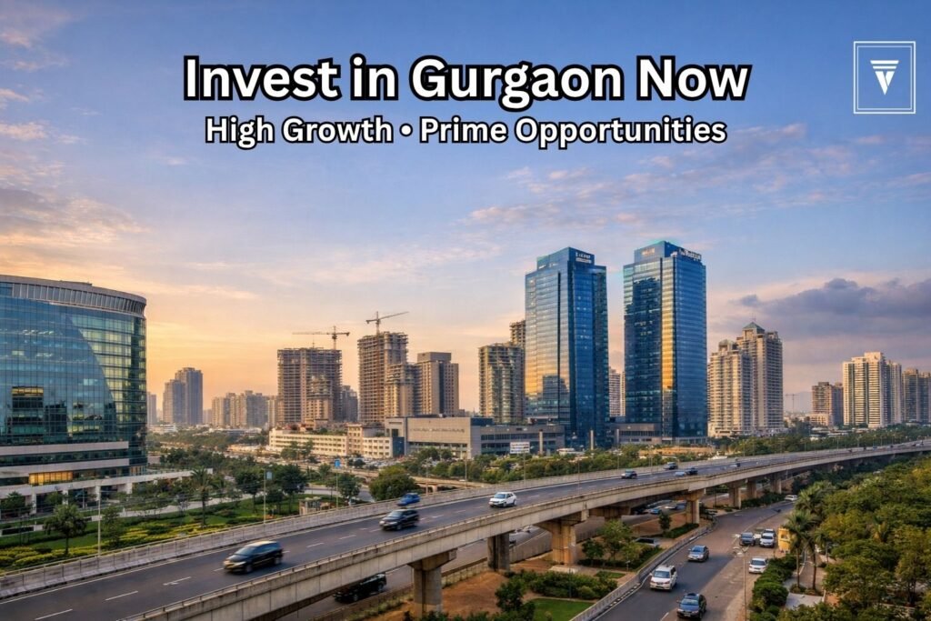 Modern skyline of Gurgaon with highways and commercial buildings highlighting real estate investment growth