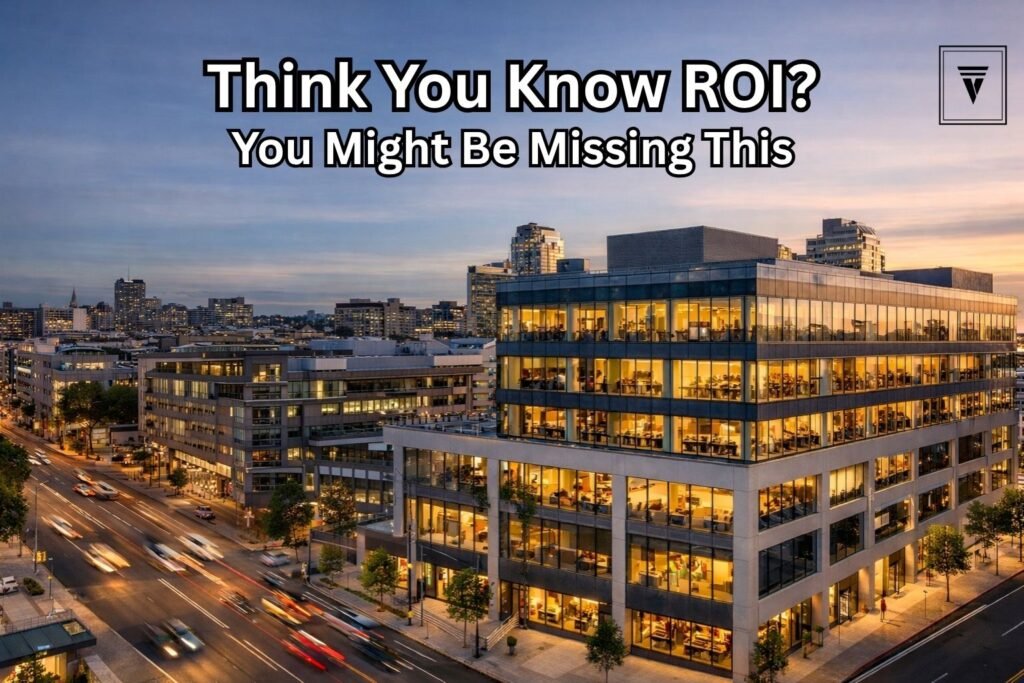 Modern commercial office building at sunset showing investment potential and hidden ROI factors in real estate