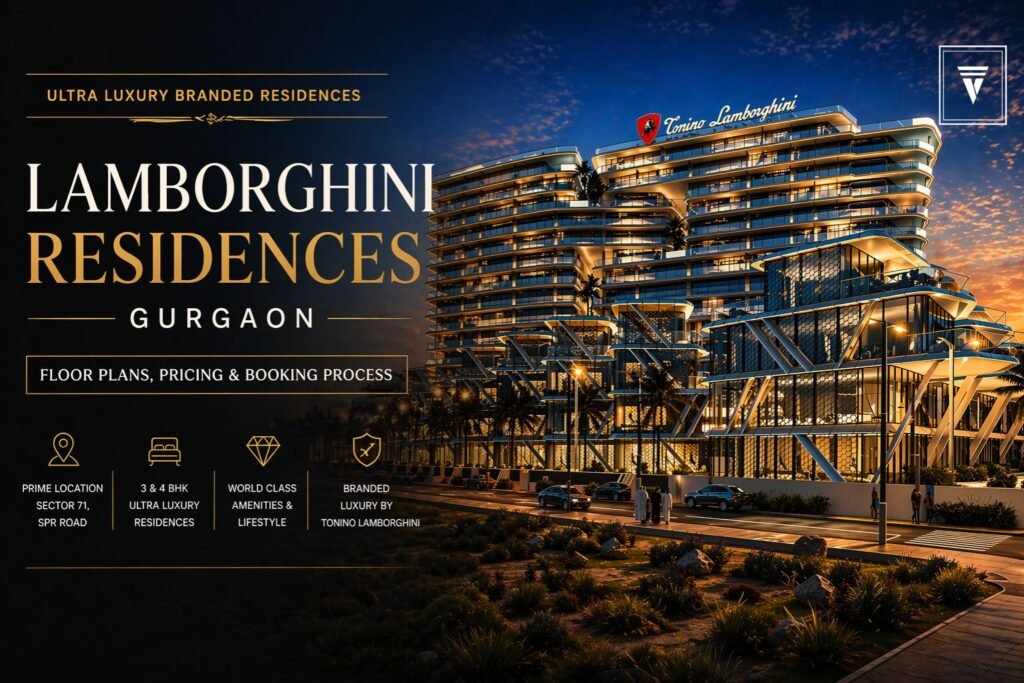 Lamborghini Residences Gurgaon luxury apartments night view in Sector 71 with modern architecture and premium lifestyle