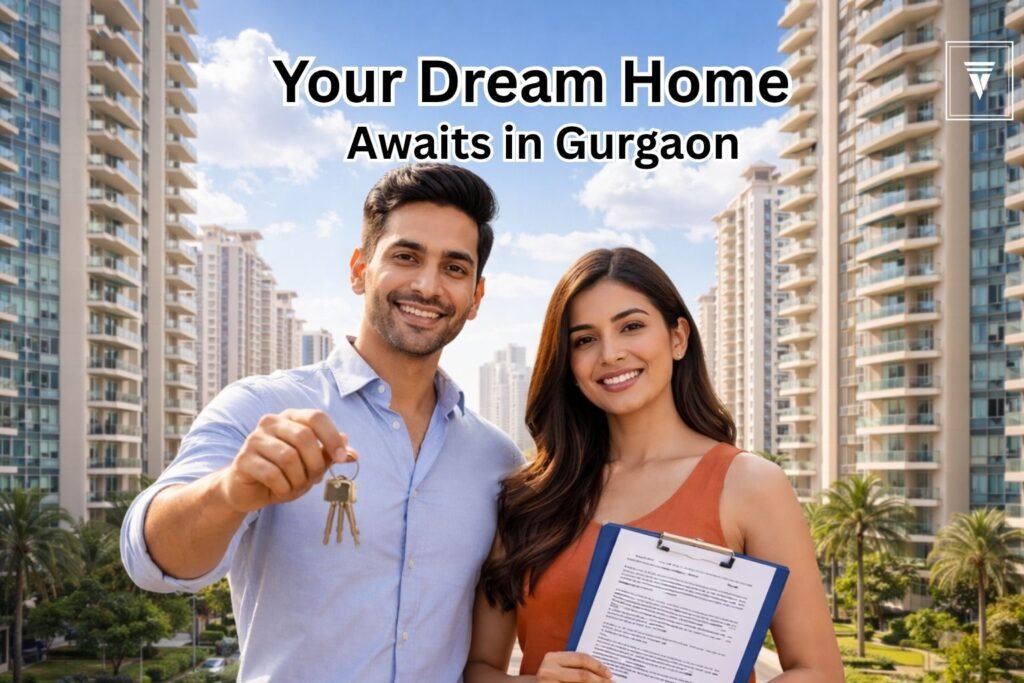 Young Indian couple holding house keys and property documents in front of modern luxury apartments in Gurgaon