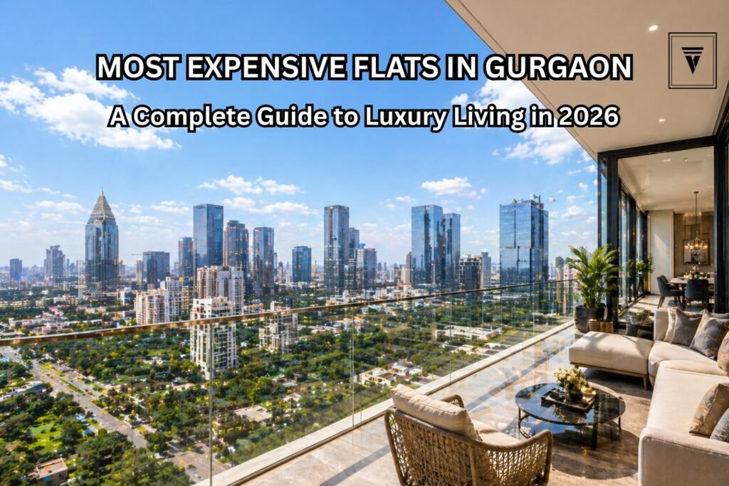 Luxury high-rise apartment balcony with panoramic skyline view of Gurgaon showcasing premium flats and modern urban living
