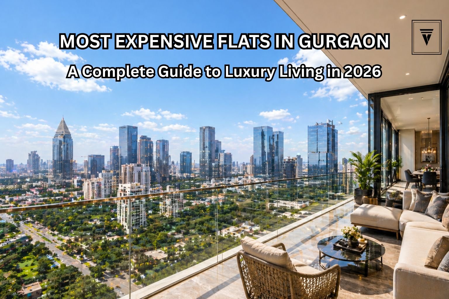 Luxury high-rise apartment balcony with panoramic skyline view of Gurgaon showcasing premium flats and modern urban living