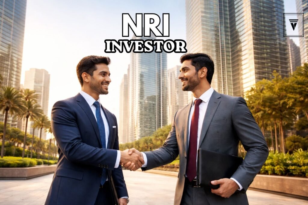NRI investor and Indian businessman in suits shaking hands near modern high-rise buildings