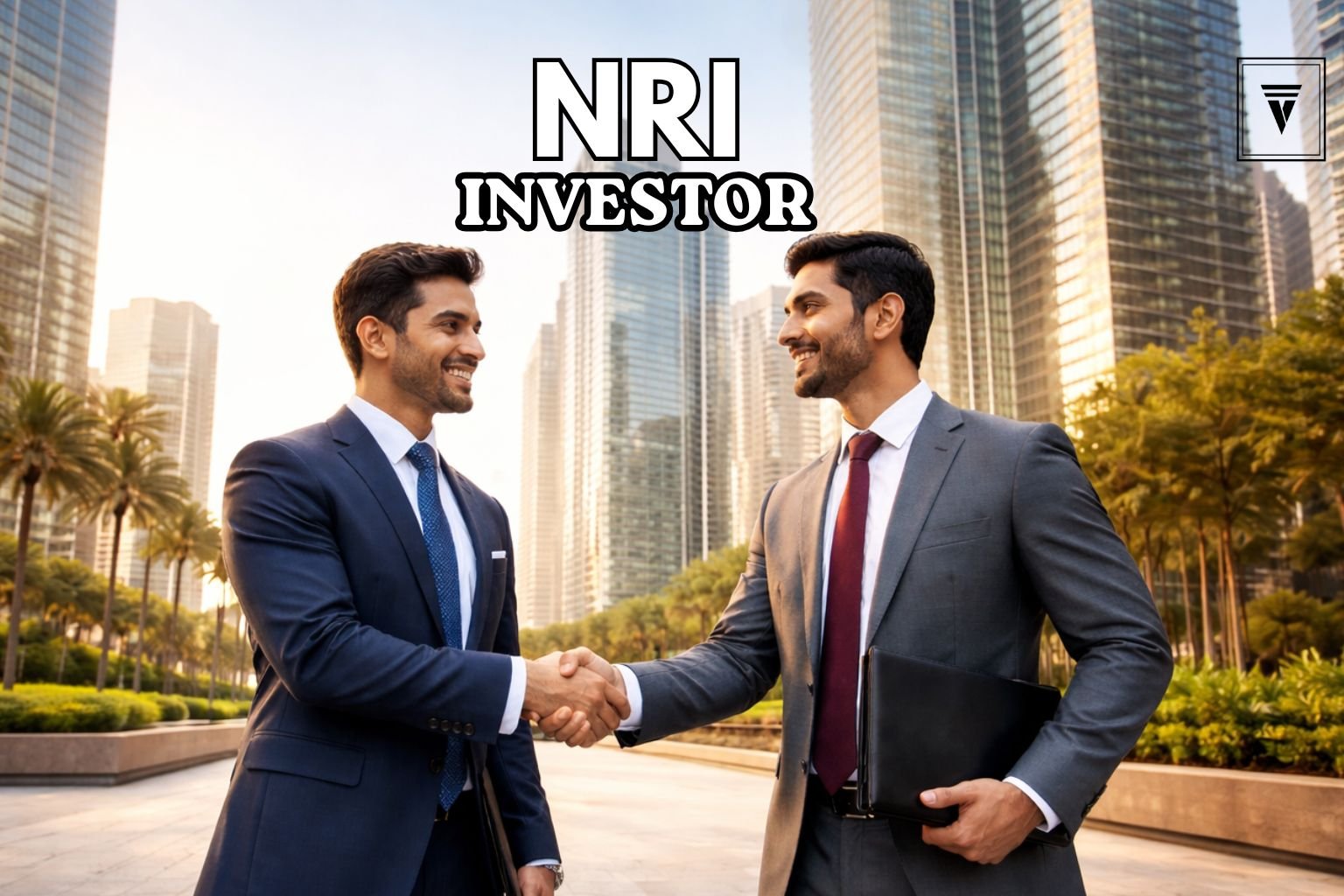 NRI investor and Indian businessman in suits shaking hands near modern high-rise buildings