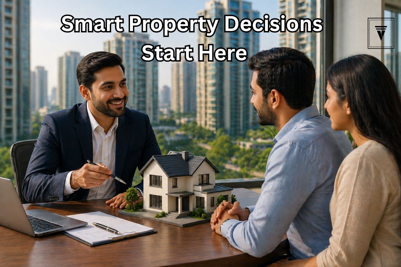 real estate broker in Gurgaon discussing property with buyers in modern office