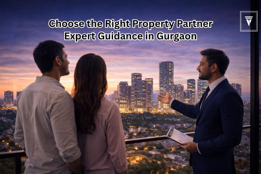 Real estate consultant guiding a couple for buying dream property in Gurgaon skyline background