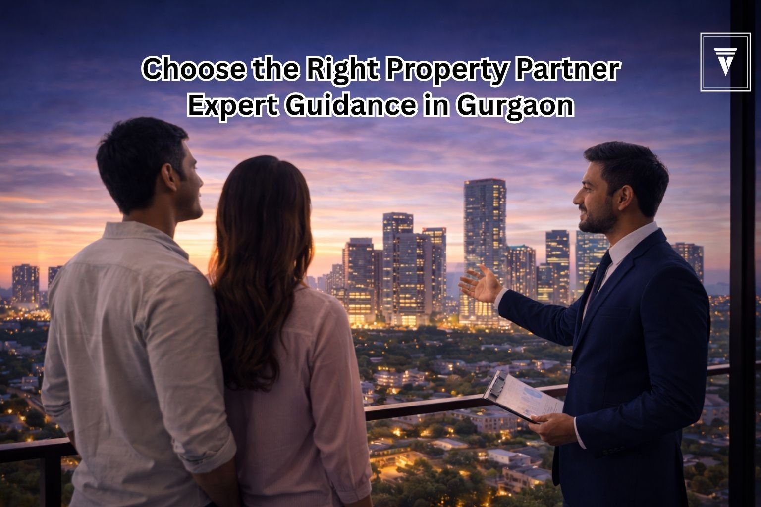 Real estate consultant guiding a couple for buying dream property in Gurgaon skyline background