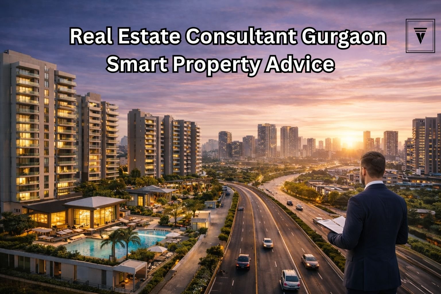Professional real estate consultant in Gurgaon overlooking modern residential apartments and skyline, representing property investment guidance