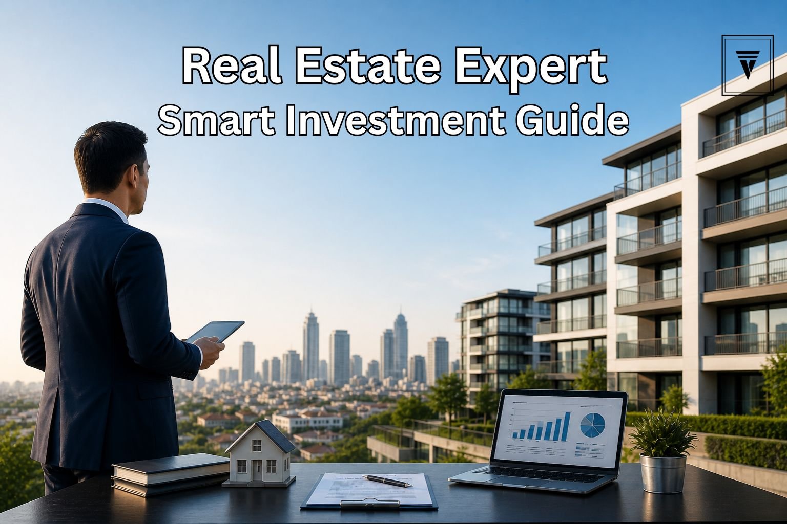 Real estate consultant reviewing property investment in Gurgaon with modern residential buildings