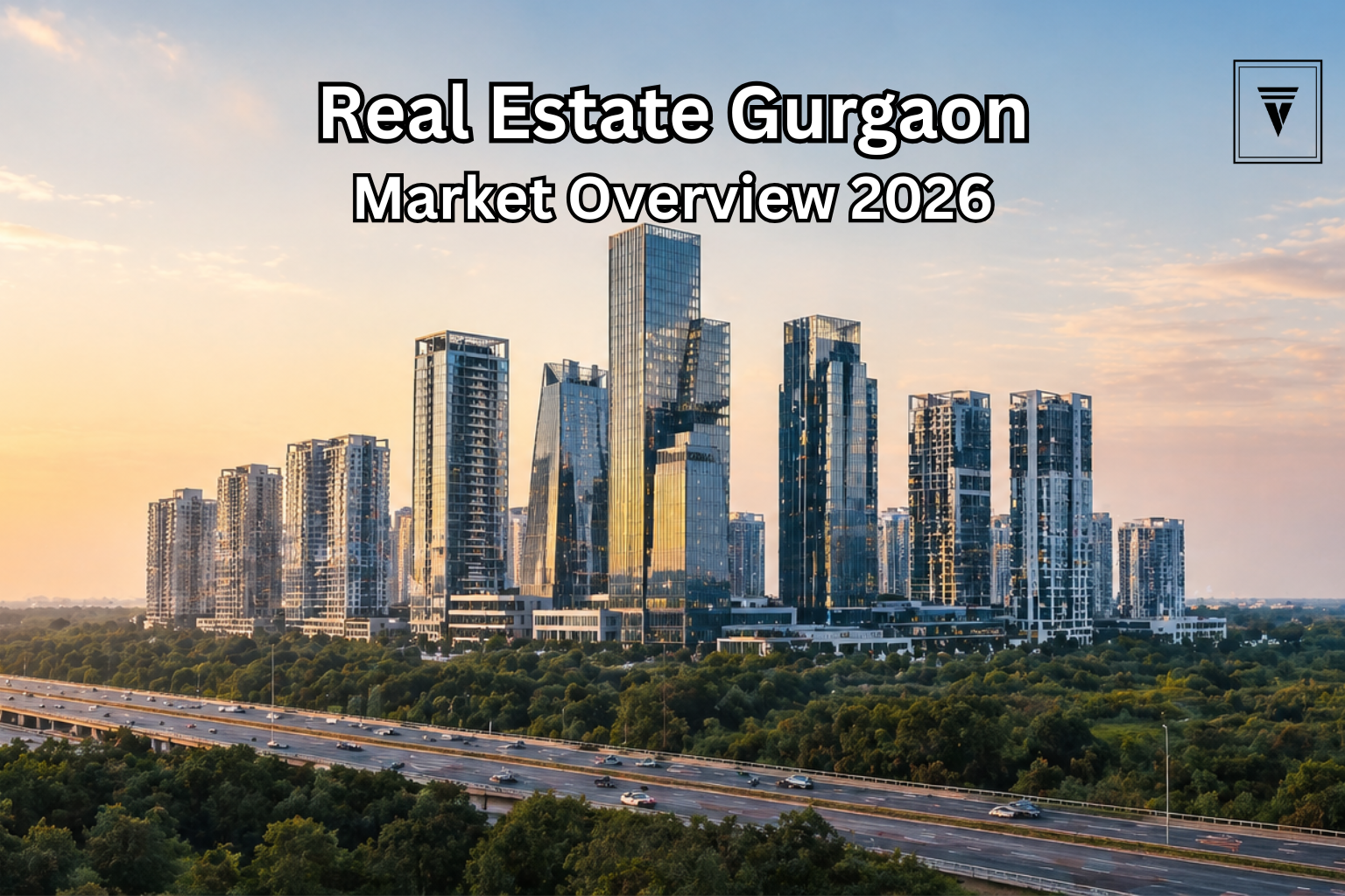 Modern skyline of Gurgaon with luxury high-rise buildings and highway showing real estate growth and urban development