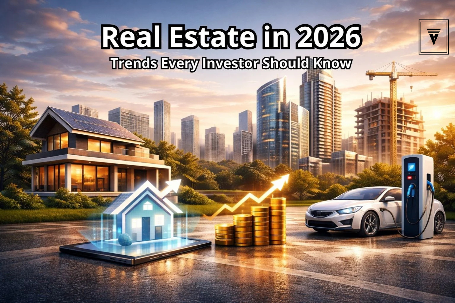 Modern real estate investment concept showing luxury home, city skyline, and financial growth symbols in 2026