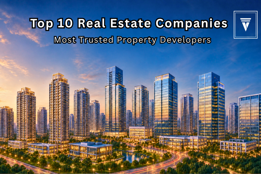 Modern luxury buildings in India representing top 10 trusted real estate companies and leading property developers.