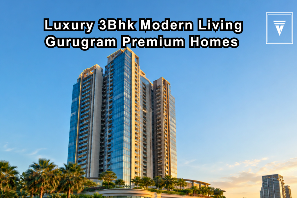 Modern luxury high-rise 3 BHK residential apartments in Gurugram with glass façade and landscaped surroundings