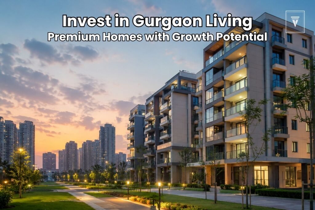 Modern luxury apartment community in Gurgaon with landscaped gardens and premium residential towers under a clear evening sky.