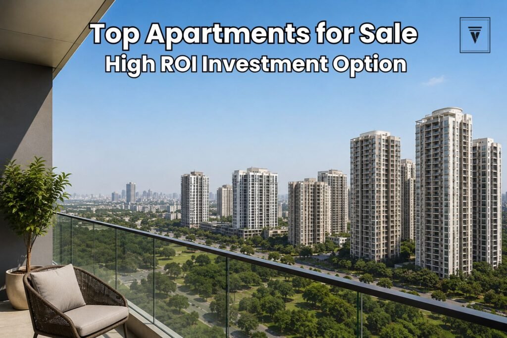 Panoramic view of modern high-rise apartments in Gurugram surrounded by green landscapes, seen from a luxury balcony.