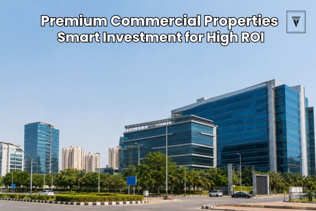 Modern commercial office buildings in Gurugram with wide roads, landscaped greenery, and clear blue sky.