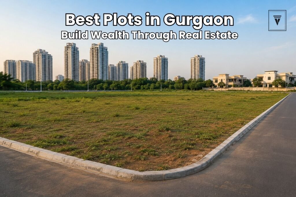Premium residential plot for sale in Gurgaon with modern apartments and landscaped surroundings under a clear blue sky.