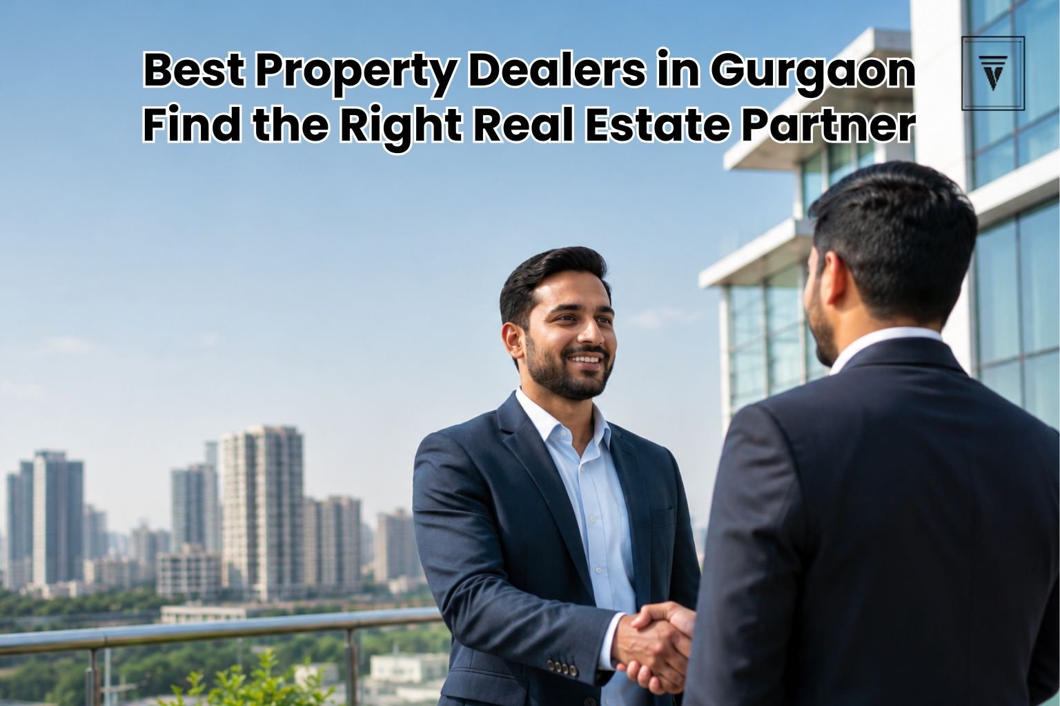 Professional real estate consultants shaking hands on a rooftop terrace with modern Gurgaon skyline in the background.