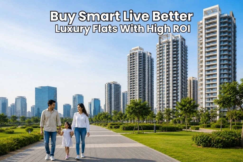 Happy family walking near modern luxury apartment towers in Gurgaon with landscaped green surroundings and clear blue sky.