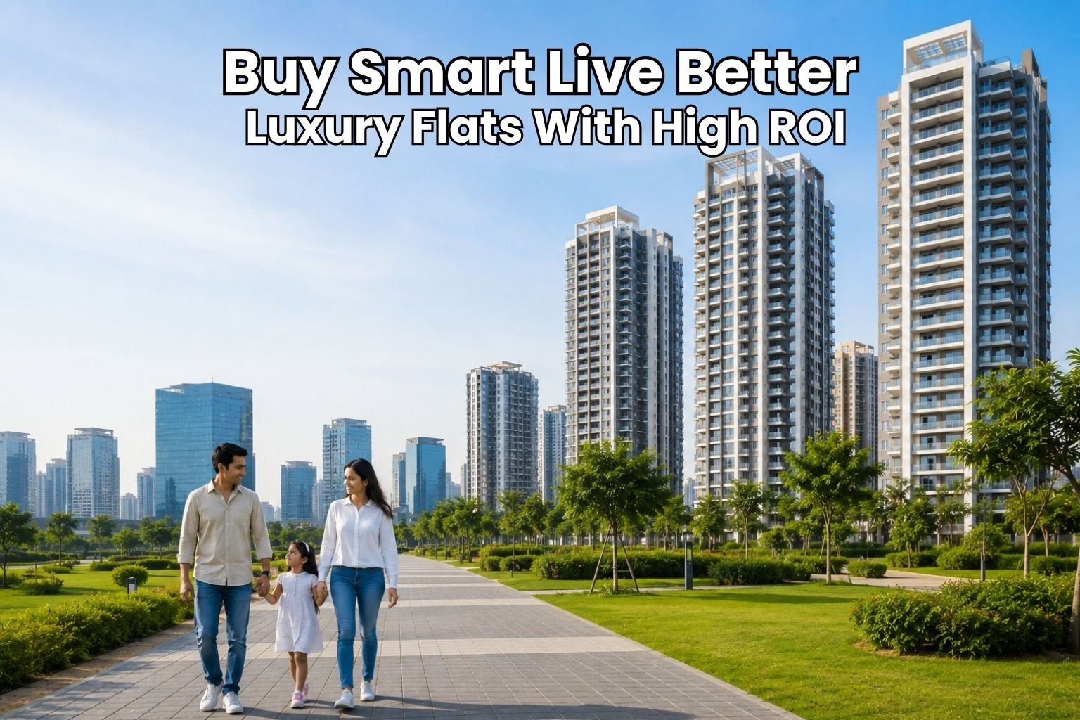 Happy family walking near modern luxury apartment towers in Gurgaon with landscaped green surroundings and clear blue sky.