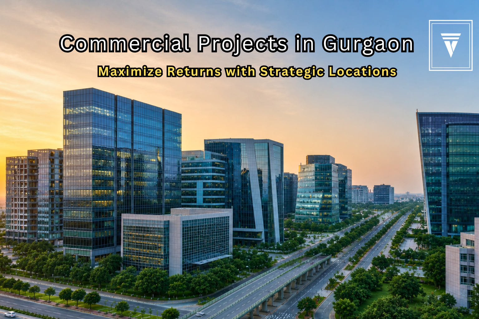 Modern commercial projects in Gurgaon skyline with corporate office buildings