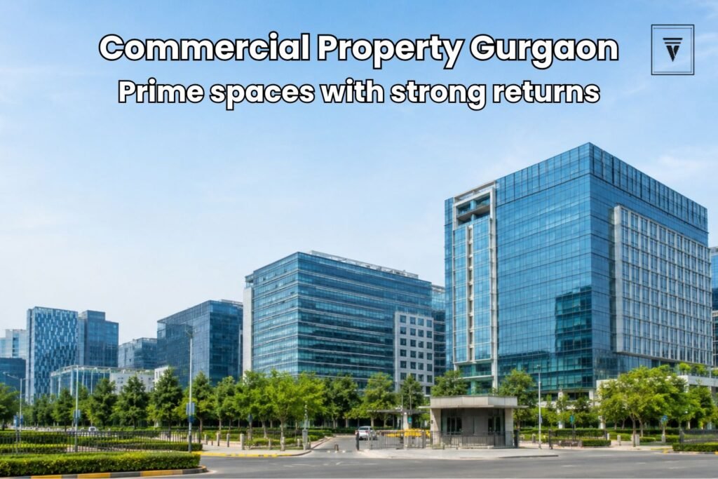 Modern commercial office buildings in Gurgaon with landscaped surroundings and a wide open sky.