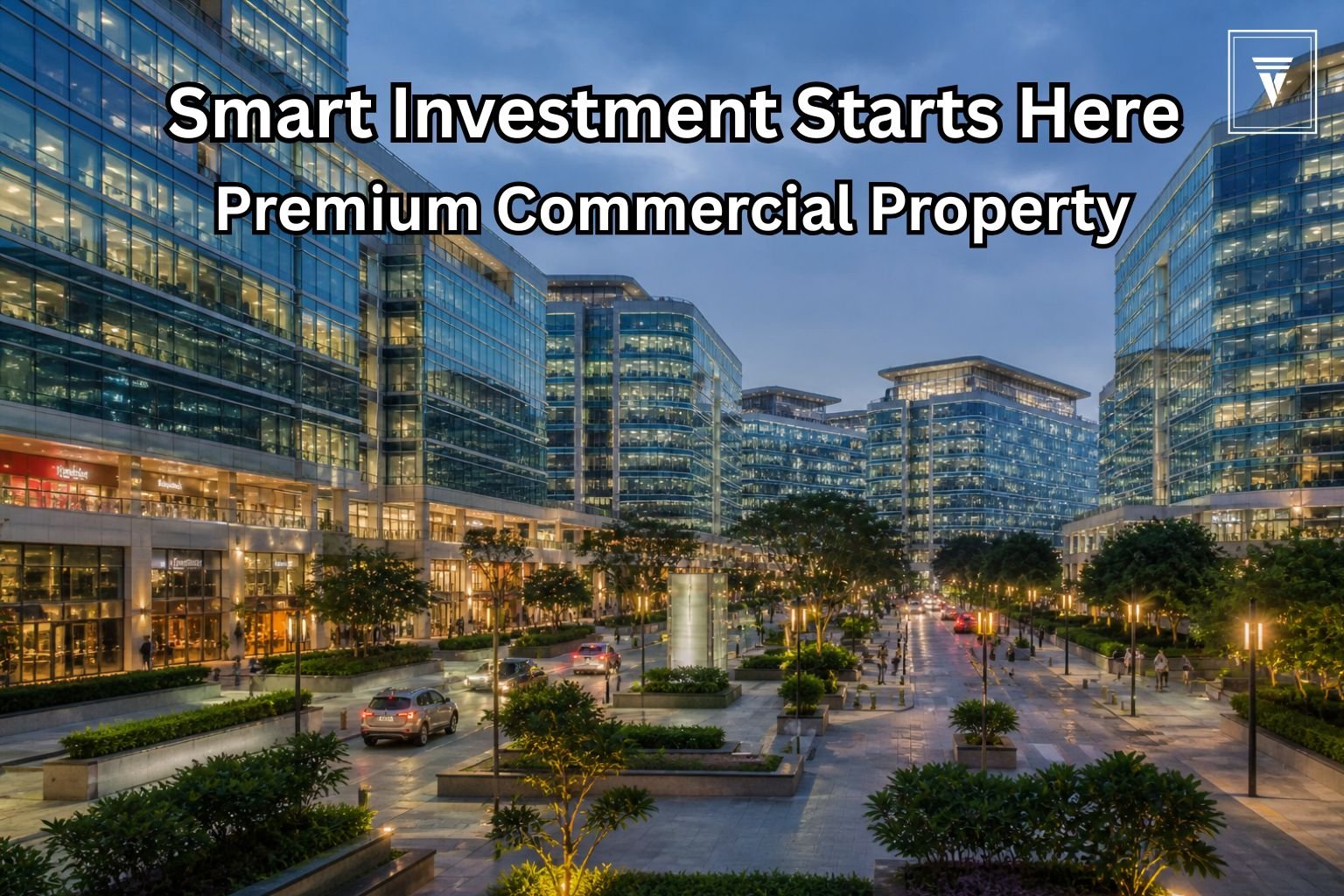 Modern commercial property in Gurgaon with office spaces, retail shops, and business district view