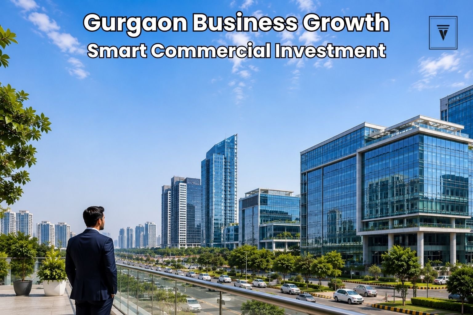 Modern commercial office buildings in Gurgaon with a businessman overlooking the city skyline and corporate business district.
