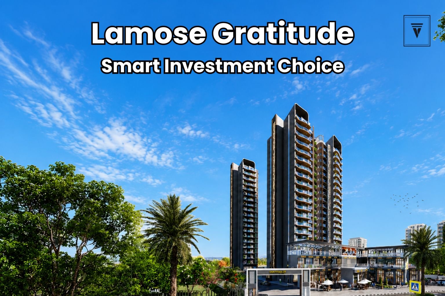 Modern luxury residential towers with wide blue sky background, landscaped greenery, and premium commercial frontage in Gurgaon.