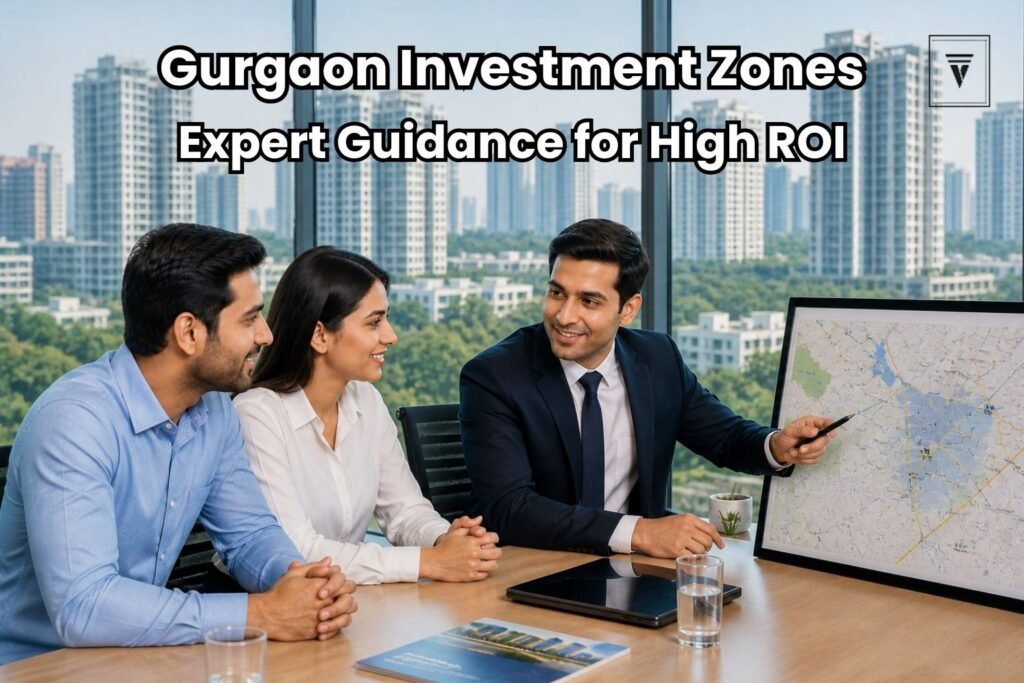 Real estate consultant explaining Gurgaon’s top property investment zones to clients in a modern office