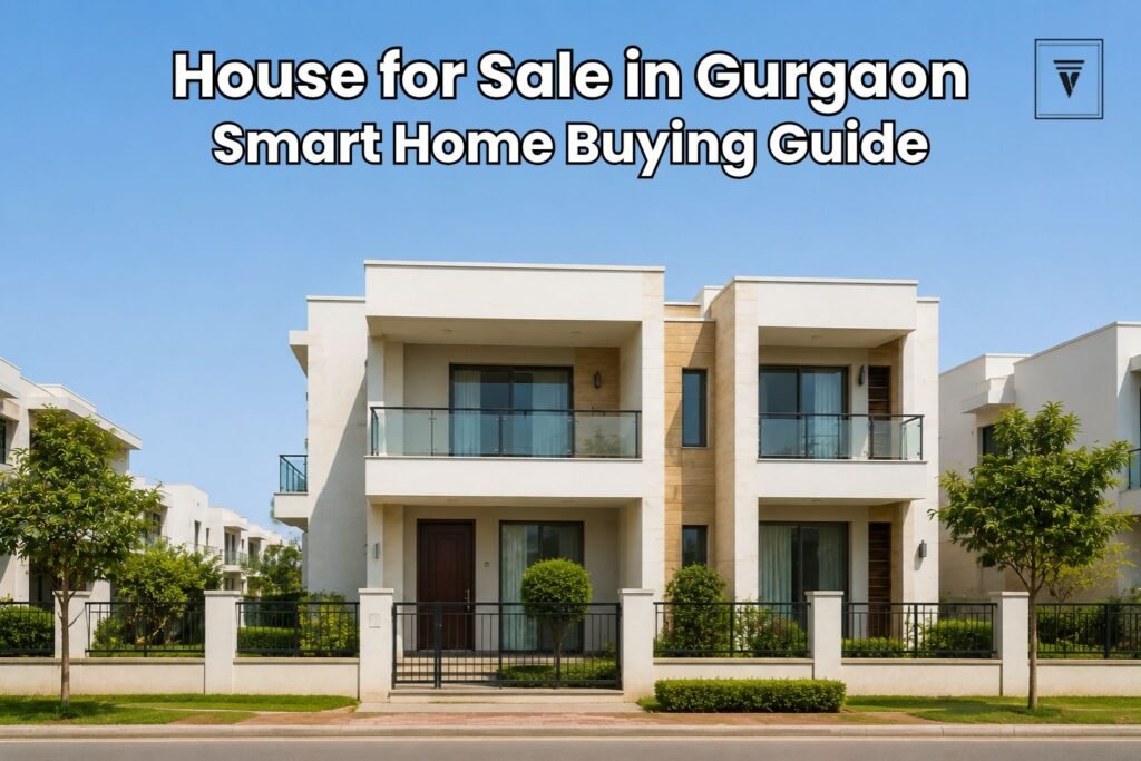 Modern luxury house for sale in Gurgaon with contemporary architecture, spacious balconies, landscaped surroundings, and a clean daytime exterior view.
